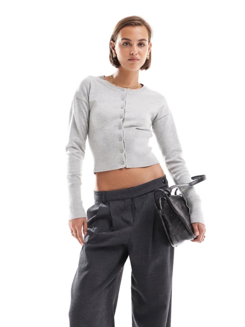 Cotton On Everfine Round Neck Cardigan in Grey Marle